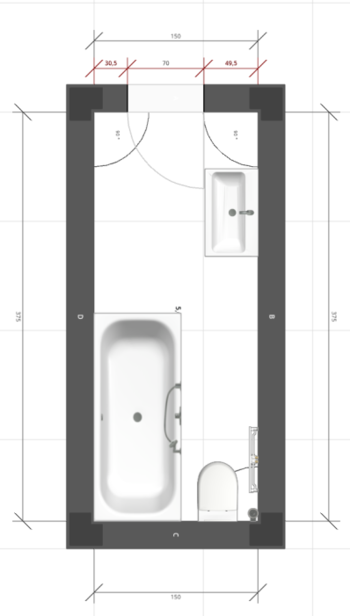 Großansicht: Skizze eines Badezimmers (Altbau) vor dem Umbau