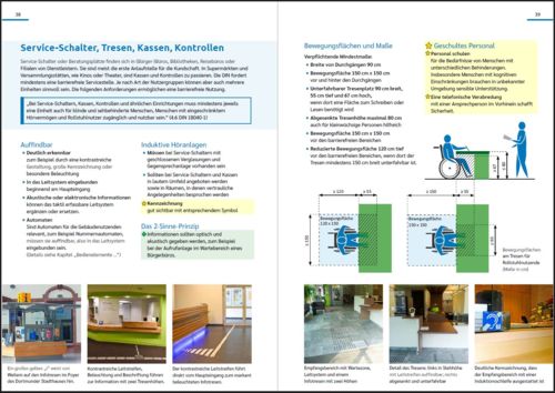 Doppelseite zum Thema Service-Tresen mit Text, farbigen Kennzeichnungen, Fotos und Zeichnungen