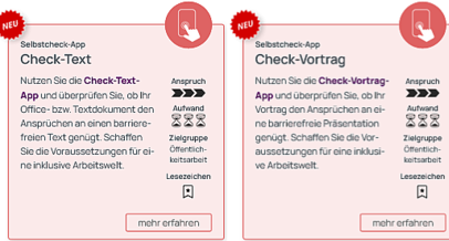 Online-Ansicht der Webapps Check-Text und Check-Vortrag mit dem Hinweis neu