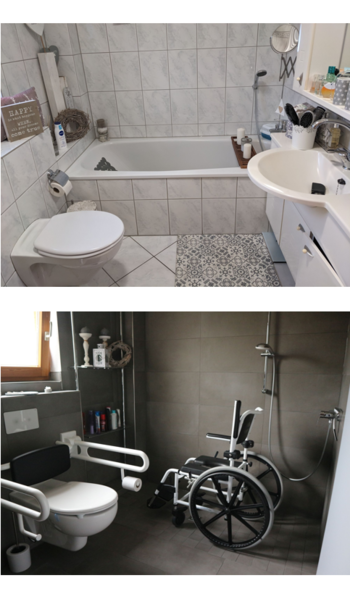 Großansicht: Badezimmer vor und nach dem Umbau:  kontrastarm hell, mit Badewanne, ohne Haltegriffe und nach dem Umbau: mit ebenerdiger Dusche, kontrastreichen Haltegriffen, Duschrollstuhl