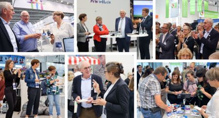 Bildercollage von der Rehacare mit Mitarbeitenden von der Agentur Barrierefrei NRW und Frau Middendorf, Herrn Laumann, Herrn Heidmeier, Herrn Bachmann, Frau Ahlke und Besuchenden der Messe.