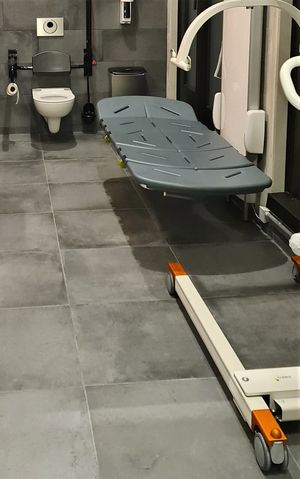 In einer Toilette für alle ersetzt ein mobiler Personenlifter den deckenmontierten Lifter.