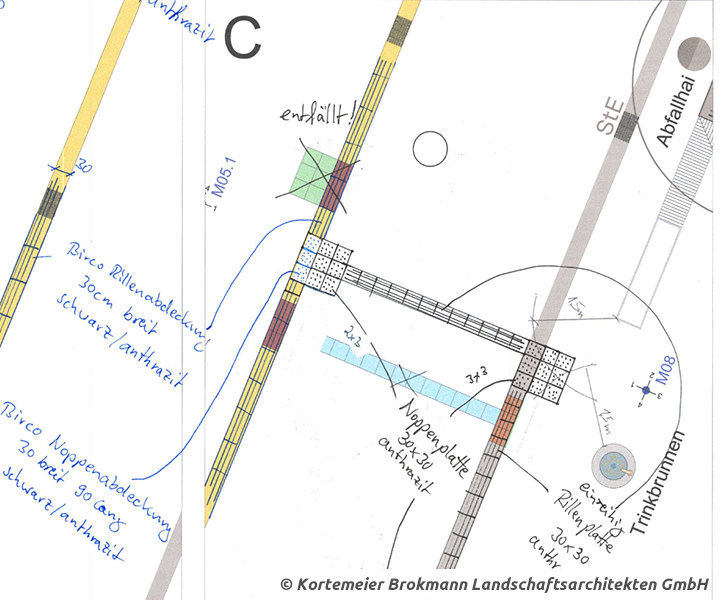 Auszug aus dem Plan zur taktilen Leitlinienführung zum Trinkbrunnen in Detmold