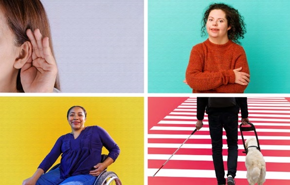 Das Cover zeigt 4 Menschen mit 4 unterschiedlichen Einschränkungen: im Rollstuhl, blind, nicht hörend und mit Down-Syndrom