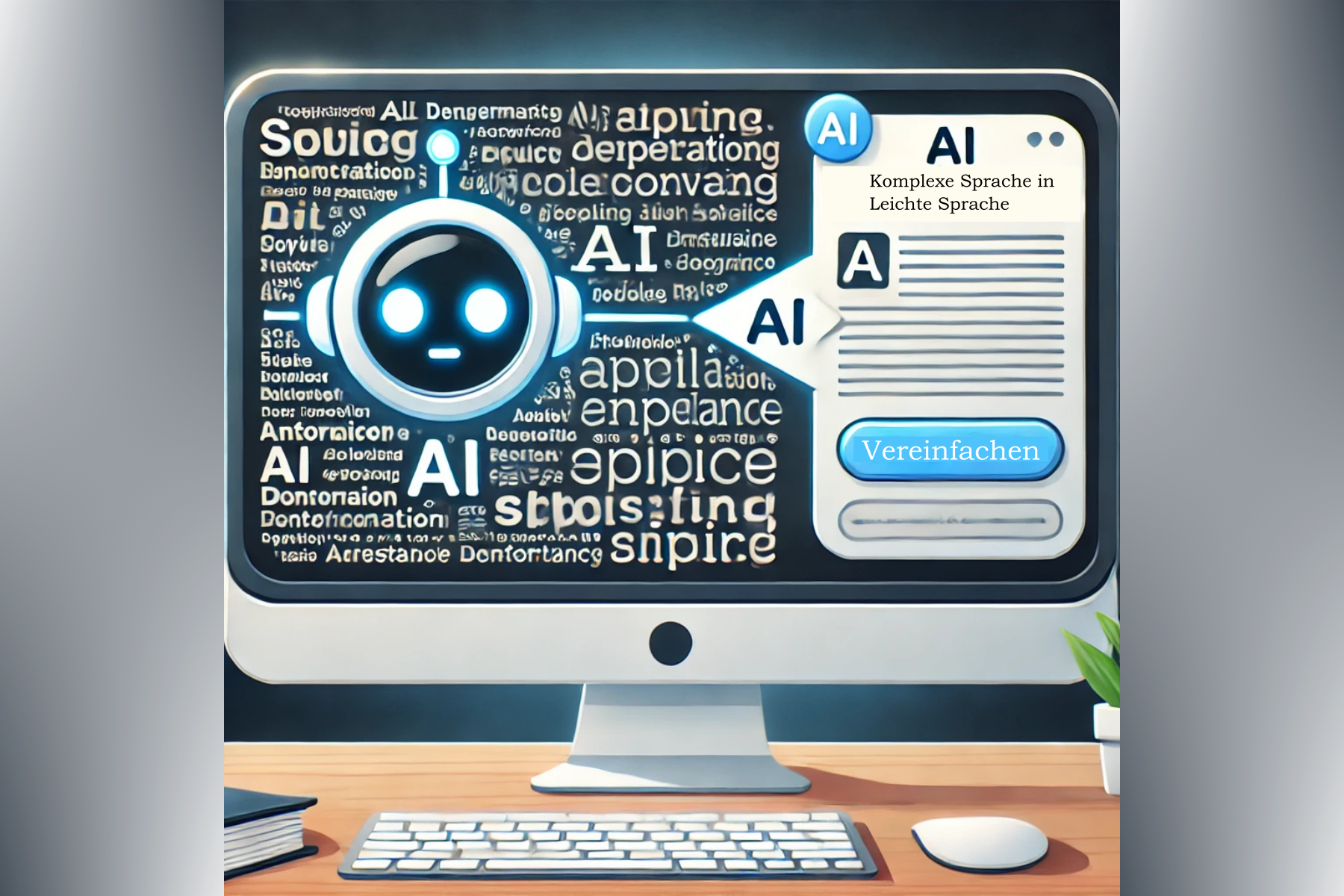 Computergenerierte Zeichnung eines als Roboter dargestellten KI-Tools, hier AI, auf einem Bildschirm mit Schaltfläche 'Vereinfachen' für komplexe Sprache in Leichte Sprache.
