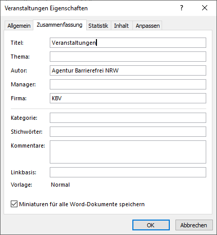 Bildschirmfoto: MS Word Dialogfenster Dokumenteigenschaften