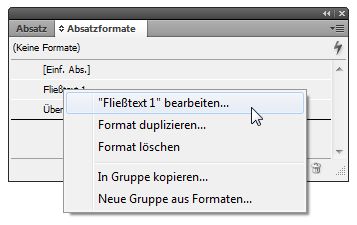 Bildschirmfoto: Kontextmenü zu einem ausgewählten  Absatzformat im Fenster Absatzformate