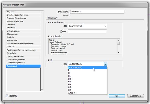 Bildschirmfoto: Dialogfeld Absatzformatoptionen mit Option Tagexport