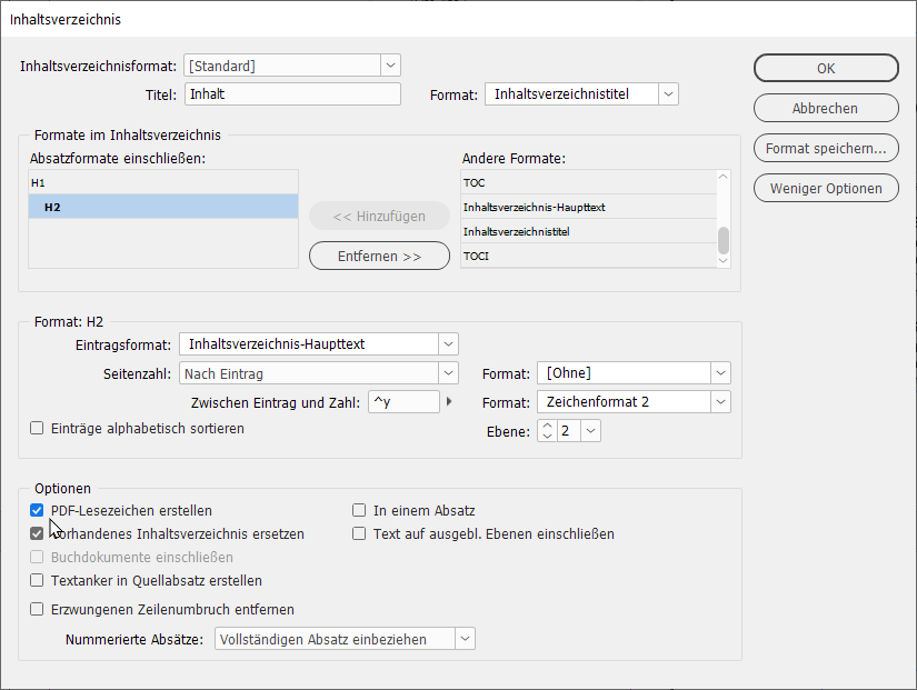 Bildschirmfoto: Adobe InDesign Dialogfeld Inhaltsverzeichnis