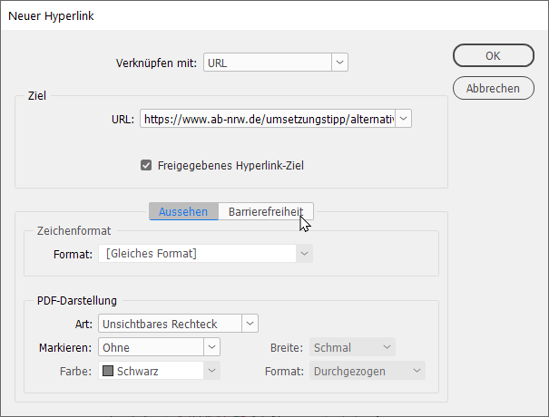 Bildschirmfoto: Adobe InDesign Dialogfeld Neuer Hyperlink