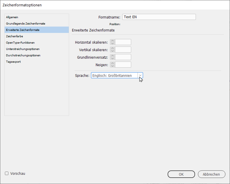 Bildschirmfoto: Zeichenformat für englischen Text im  Navigationspunkt Erweiterte Zeichenformate des Dialogfelds Zeichenformatoptionen