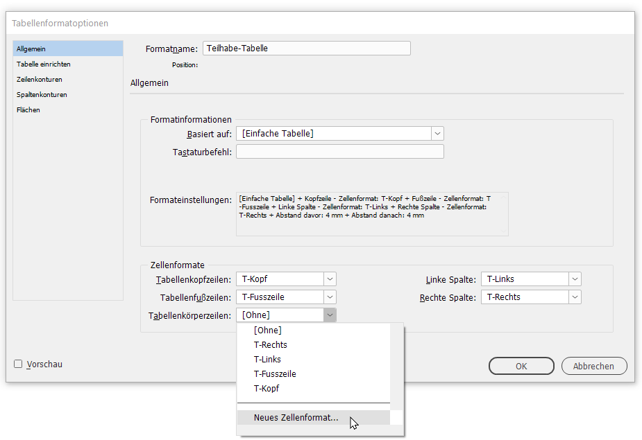 Bildschirmfoto Adobe InDesign: Dialogfeld Tabellenformatoptionen