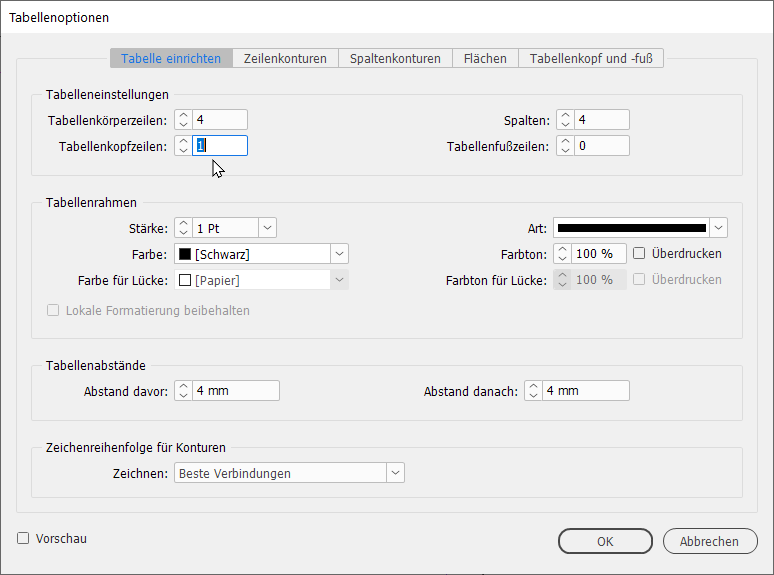 Bildschirmfoto Adobe InDesign: Dialogfeld Tabellenoptionen mit Reiter Tabelle einrichten