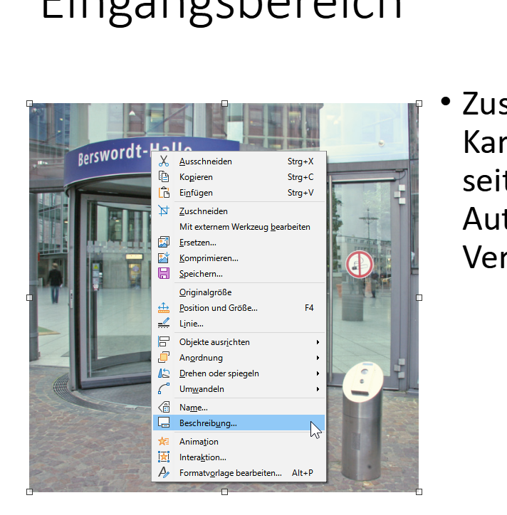 Bildschirmfoto: Markiertes Bild mit Kontextmenüeintrag 'Beschreibung...' 
