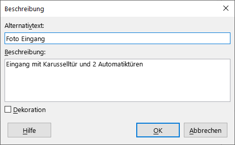 Bildschirmfoto: Dialogfenster 'Beschreibung' zur Eingabe von Alternativtext (hier: Foto Eingang) und Beschreibung (hier: Eingangstür mit Karusselltür und 2 Automatiktüren) oder optionaler Auswahl „Dekoration“