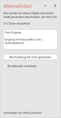 Bildschirmfoto: Powerpoint-Dialogfenster 'Alternativtext'  mit Impress-Alternativtext-Beschreibung (Foto Eingang [Umbruch, Leerzeile] Eingangstür mit Karusselltür und 2 Automatiktüren)