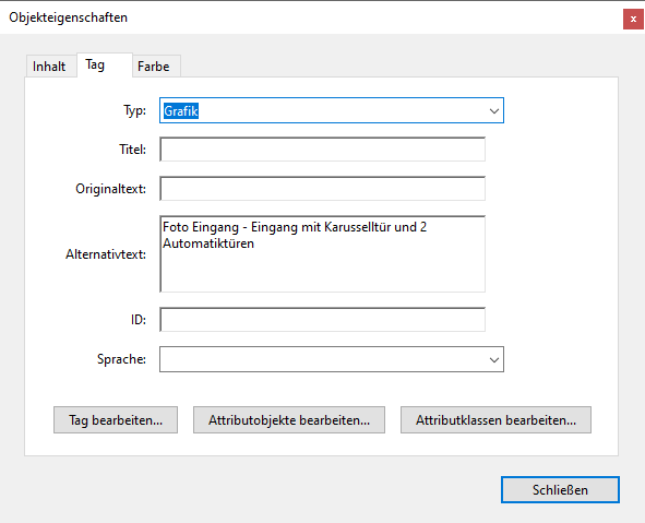 Bildschirmfoto: Adobe-Aconbat-Dialogfenster 'Objekteigenschaften'  mit Impress-Alternativtext-Beschreibung (Foto Eingang -Eingangstür mit Karusselltür und 2 Automatiktüren)
