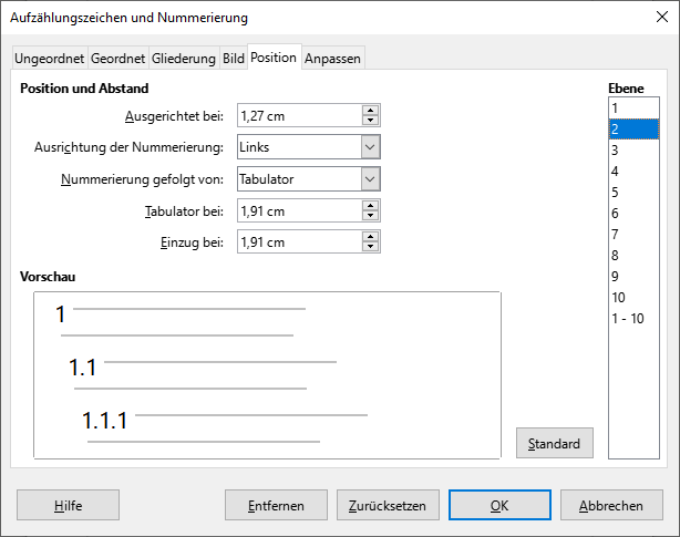 Bildschirmfoto: Dialogfenster 'Aufzählungszeichen und Nummerierung'