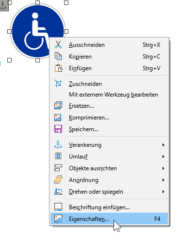 Bildschirmfoto: Kontextmenü zu ausgewählter Grafik mit Menüoption 'Eigenschaften...'