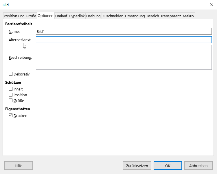 Bildschirmfoto: Eingabe von Alternativtexten im Dialogfenster 'Bild' mit Reiter 'Optionen'