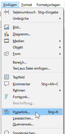 Bildschirmfoto LibreOffice Writer: Befehl 'Hyperlink' im Menü 'Einfügen'