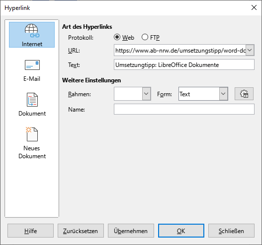 Bildschirmfoto LibreOffice Writer: : Dialogfenster 'Hyperlink' mit Navigationspunkt 'Internet'