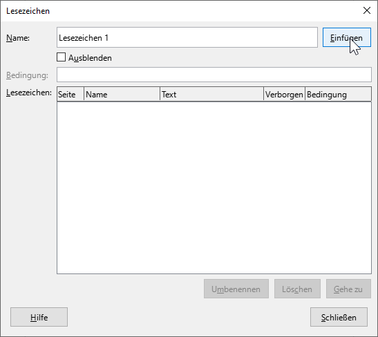 Bildschirmfoto LibreOffice Writer: Dialogfenster 'Lesezeichen'