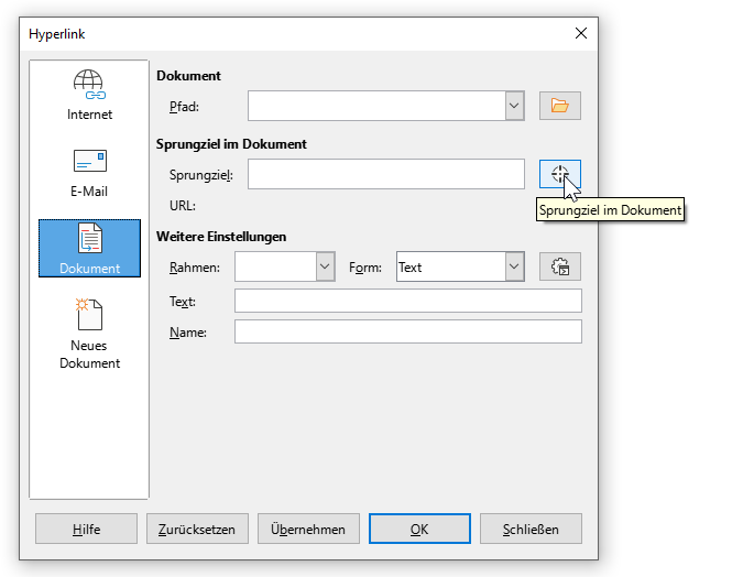 Bildschirmfoto LibreOffice Writer: Dialogfenster 'Hyperlink' mit Navigationspunkt 'Dokument' um Sprungziele im Dokument anzugeben