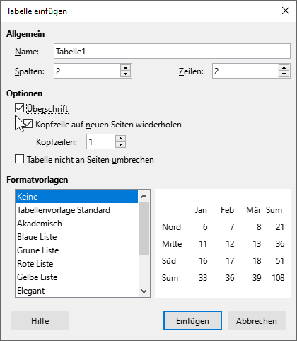 Bildschirmfoto LibreOffice Writer: Dialogfenster 'Tabelle einfügen'