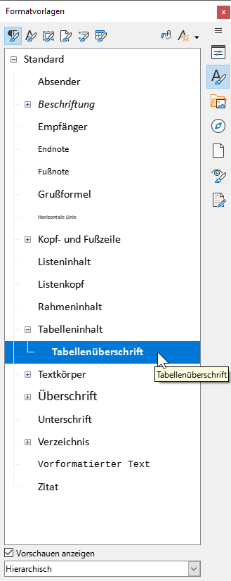 Bildschirmfoto LibreOffice Writer: Fenster Formatvorlagen, ausgewählt: 'Tabellenüberschrift'