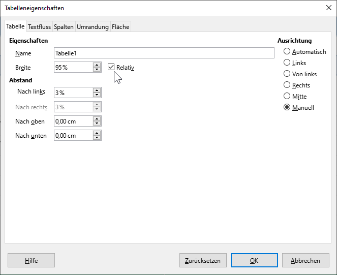 Bildschirmfoto LibreOffice Writer: Dialogfenster 'Tabelleneigenschaften' mit Reiter 'Tabelle', manueller Ausrichtung und Größenangabe in Prozent