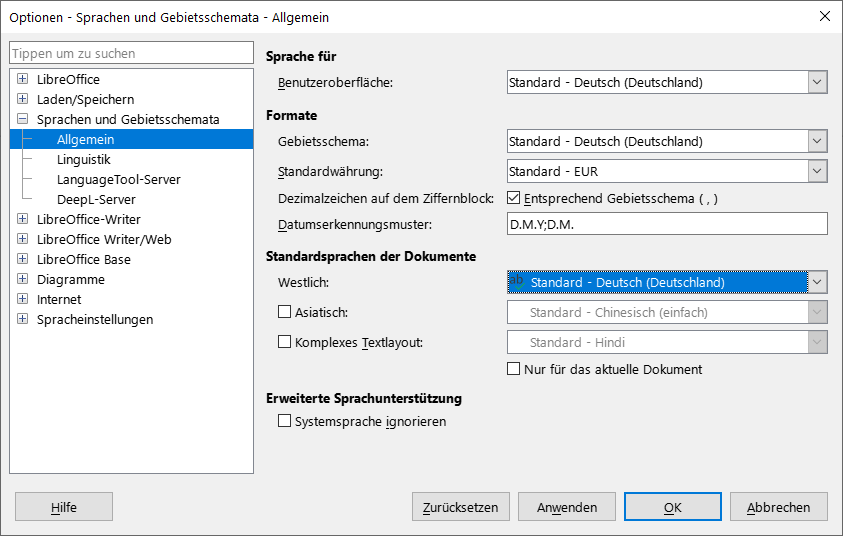 Bildschirmfoto: Im Libre-Office-Dialogfeld 'Optionen - Sprachen und Gebietsschemata' ist als Standardsprache der Dokumente unter Westlich 'Deutsch' ausgewählt