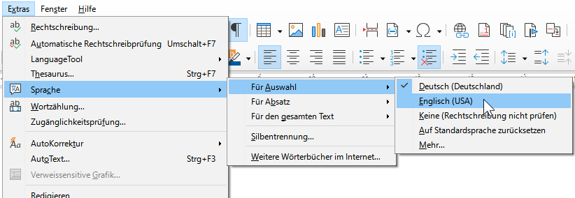 Bildschirmfoto: Im Libre-Office-Dialogfeld 'Optionen - Sprachen und Gebietsschemata' ist als Standardsprache der Dokumente unter Westlich 'Deutsch' ausgewählt