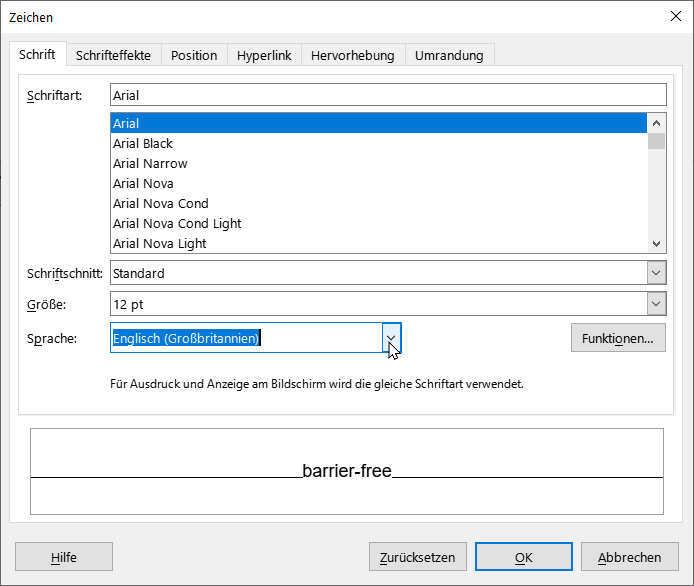 Bildschirmfoto: Dialogfenster 'Zeichen' mit Reiter 'Schrift' und Sprachauswahl
