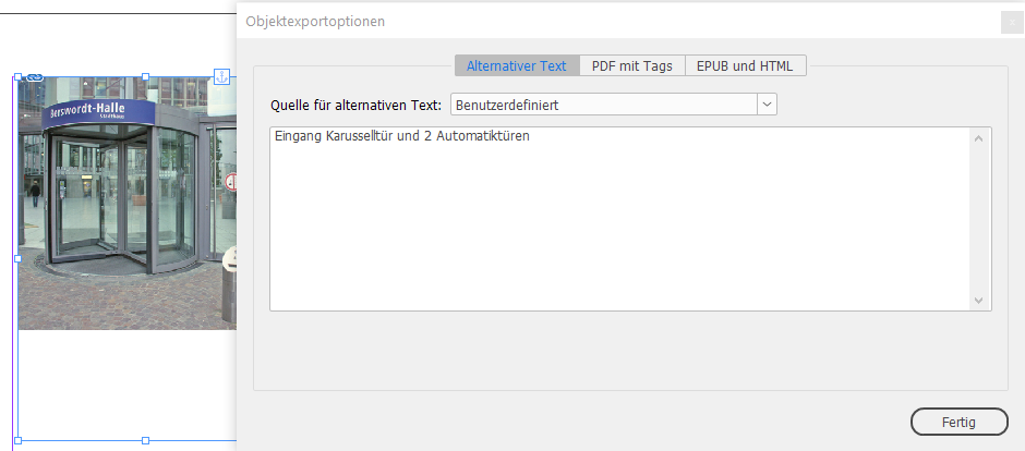 Bildschirmfoto: Dialogfeld Objektexportoptionen mit Reiter Alternativer Text (eingegebener Text: Eingang Karusselltür und 2 Automatiktüren)