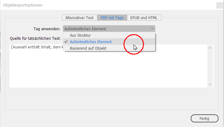Bildschirmfoto: Markieren einer Schmuckgrafik als außertextliches Element im Auswahlfeld Tag anwenden im Reiter PDF mit Tags des Dialogfelds Opbjektexportoptionen
