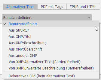 Bildschirmfoto: ausgeklapptes Auswahlfeld für die Option Textquelle im Reiter Alternativer Text des Dialogfeldes Objektexportfunktionen