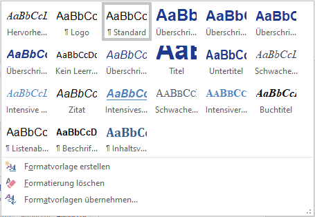 Bildschirmfoto: ausgeklapptes Menü der Schnellformatvorlagen
