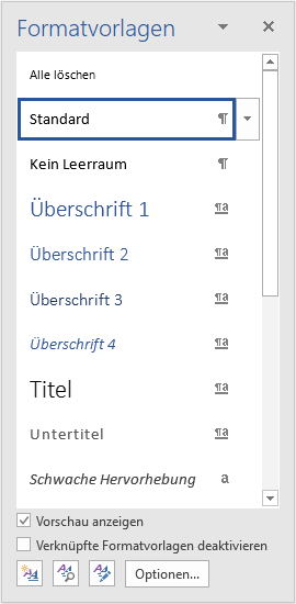 Bildschirmfoto: Bereich Formatvorlagen