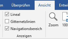 Bildschirmfoto: Menüband Ansicht, Bereich Anzeigen (ausgewählt: Lineal; Navigationsbereich)