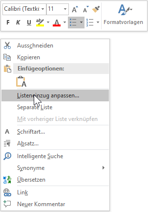Bildschirmfoto: Option 'Listeneinzug anpassen' im Kontextmenü zu Aufzählungen 