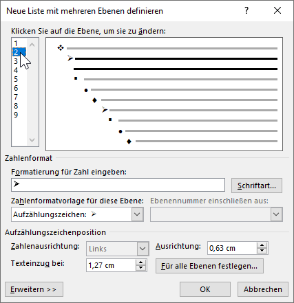 Bildschirmfoto: Fenster 'Neue Liste mit mehreren Ebenen definieren'