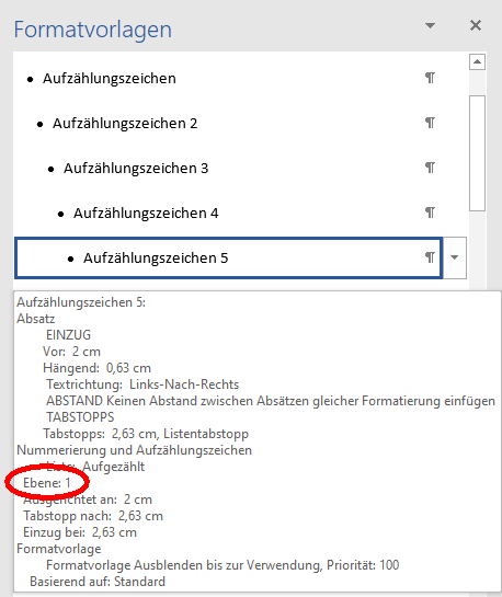 Bildschirmfoto der Formatvorlagen für Aufzählungszeichen (ausgewählt: Aufzählungszeichen 5, darunter im zugehörigen Tooltippinfofenster mit Formatierungsangaben hervorgehoben: Ebene 1)