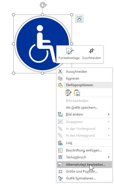 Bildschirmfoto: Kontextmenü zu ausgewählter Grafik mit Menüoption 'Alternativtext bearbeiten ...'