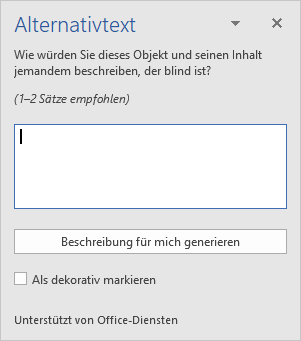 Bildschirmfoto: Dialogfenster Alternativtext mit Eingabefeld und Optionsauswahl 'Als dekorativ markieren'