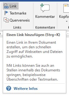 Bildschirmfoto MS Word: Menüpunkt 'Link einfügen' in Registerkarte 'Einfügen' 