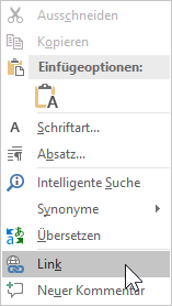 Bildschirmfoto MS Word: Kontextmenü zum Text mit Menüoption 'Link'