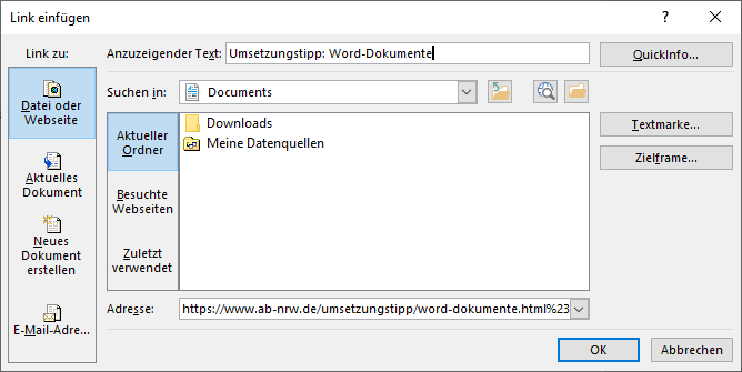 Bildschirmfoto MS Word: Dialogfenster 'Link einfügen', ausgewählter Navigationspunkt 'Datei oder Webseite'