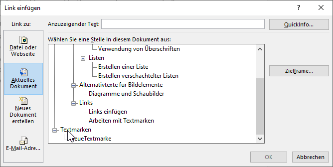 Bildschirmfoto MS Word: Dialogfenster 'Link einfügen', ausgewählter Navigationspunkt 'Aktuelles Dokument'
