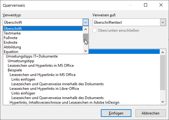 Bildschirmfoto MS Word: Dialogfenster 'Querverweis', ausgewählter Navigationspunkt 'Verweistyp: Überschrift'